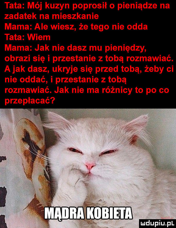 tata mój kuzyn poprosiło pieniądze na zadatek na mieszkanie mama ale wiesz że tego nie odda tata wiem mama jak nie dasz mu pieniędzy obrazi się i przestanie z tobą rozmawiać. a jak dasz ukryje się przed tobą żeby ci nie oddać i przestanie z tobą rozmawiać. jak nie ma różnicy to po co przepłacać ludu iu. l