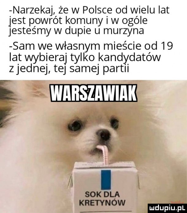 narzekaj że w polsce od wielu lat jest powrót komuny w ogóle jesteśmy w dupie u murzyna sam we własnym mieście od    lat wybieraj tylko kandydatów zjednaj tej samej partii e wnns znwmli f. b sok dla kretynów ludu iu. l