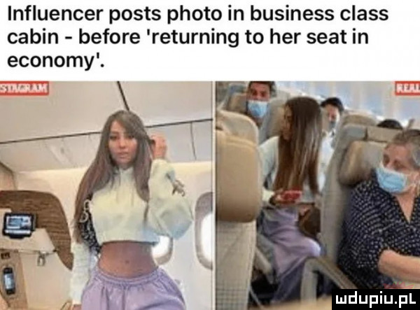 influencer posts ploto in business claus capin before returning to her seat in ekonomy