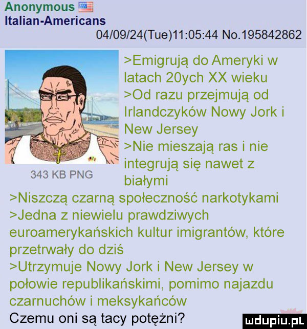 anonymous e italian americans          tee          no           emigrują do ameryki w iktach   ych xx wieku od razu przejmują od irlandczyków nowy jork i naw jersey nie mieszają ras i nie integrują się nawet z     kb pbg białymi niszczą czarną społeczność narkotykami jedna z niewielu prawdziwych euroamerykańskich kultur imigrantów które przetrwały do dziś utrzymuje nowy jork naw jersey w połowie republikańskimi pomimo najazdu czarnuchów i meksykańców czemu oni są tacy potężni