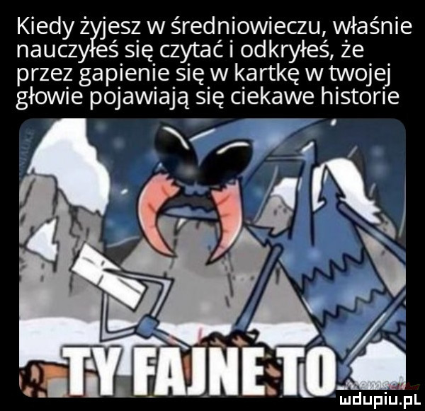 kiedy zyjesz w średniowieczu właśnie nauczy es się czytać i odkryłeś że przez gapienie się w kartkę w twojej głowie pojawiają się ciekawe historie