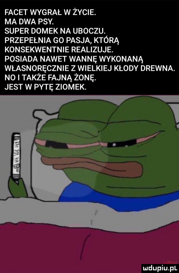 facet wie rel w życie. ma dwa psy. super domek na uboczu. przepełnia go pasja którą konsekwentnie realizuje. posiada nawet wannę wykonaną własnoręcznie z wielkiej kłody drewna no i takze fajną zone. jest w pytę ziomek