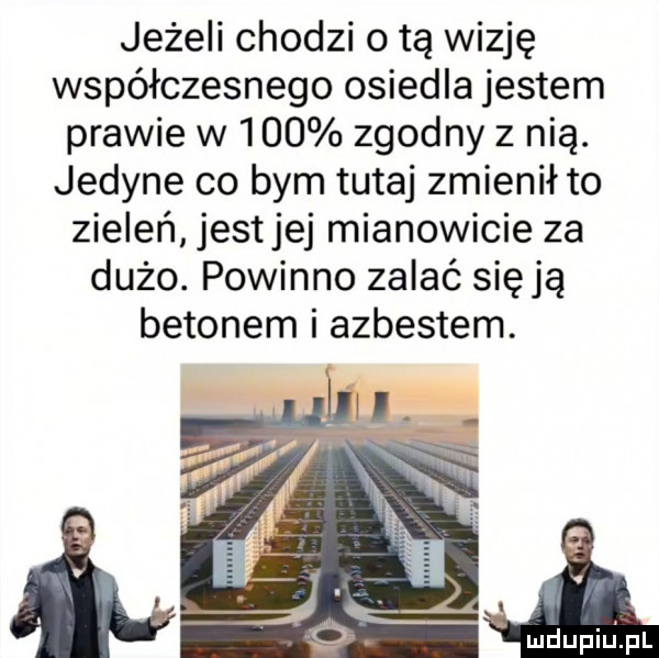 jeżeli chodzi o tą wizję współczesnego osiedla jestem prawie w     zgodny z nią. jedyne co bym tutaj zmienił to zieleń jestjej mianowicie za dużo. powinno zalać sieją betonem i azbestem