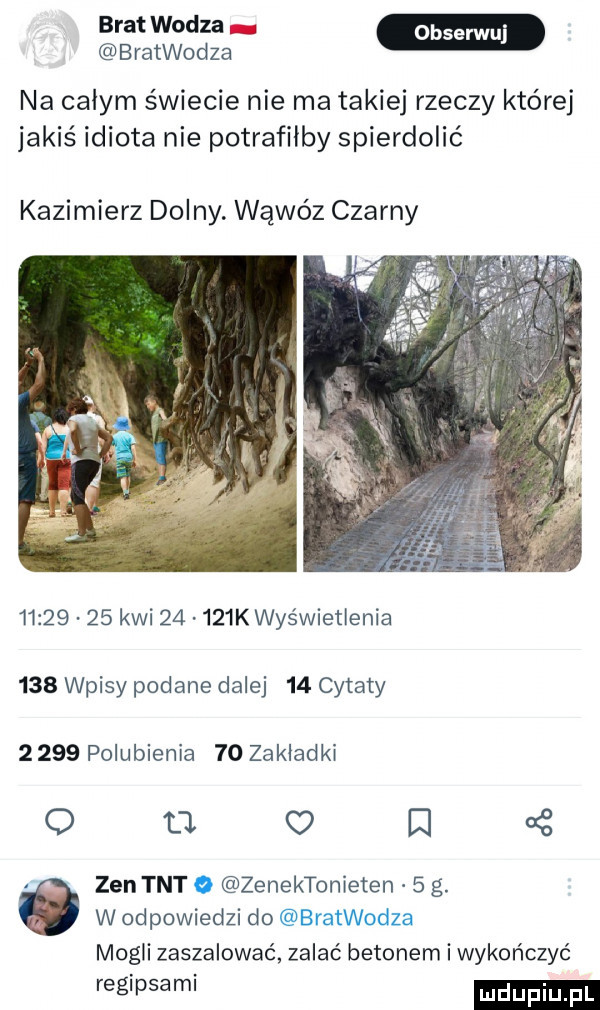 www w bratwodza na calym świecie nie ma takiej rzeczy której jakiś idiota nie potrafiłby spierdolić kazimierz dolny. wąwóz czarny          kwi       k wyświetlenia     wpisy podane dalej    cytaty      polubienia    zakladki o a o i   zen tnt o zenektonieten   g. w odpowiedzi do bratwodza mogli zaszalować zalać betonem i wykończyć gipsar