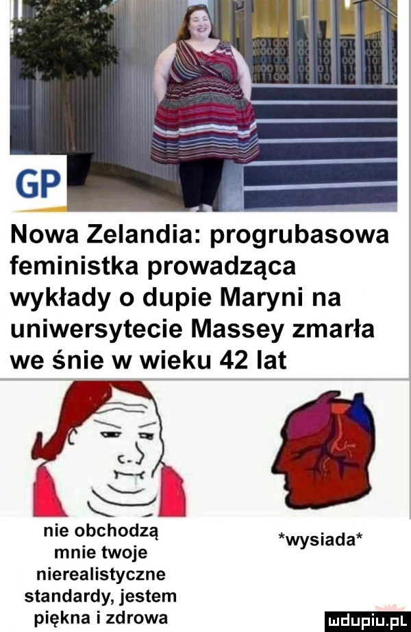 nowa zelandia progrubasowa feministka prowadząca wykłady o dupie maryni na uniwersytecie massey zmarła we śnie w wieku    lat x w b. i nie obchodzą mnie twoje nierealistyczne standardy jestem piękna i zdrowa wysiada