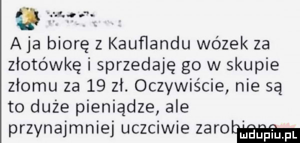a ja biorę z kauﬂandu wózek za złotówkę i sprzedaję go w skupie złomu za    zł. oczywiście nie są to duże pieniądze ale przynajmniej uczciwie zaro