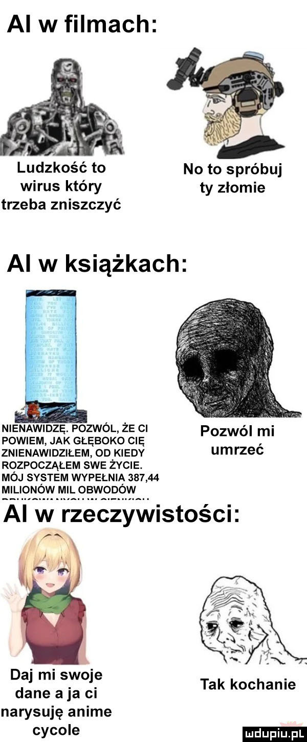 al w filmach ludzkość to no to spróbuj wirus który ty złomie trzeba zniszczyć al w książkach nienawidzę. pozwól że ci p l mi powiem jak głęboko cię ozmo znienawidziłem oo kiedy umrzec rozpocząłem swe życie. mój system wypełnia        daj mi swoje dane aja ci narysuję anime cyce e tak kochanie