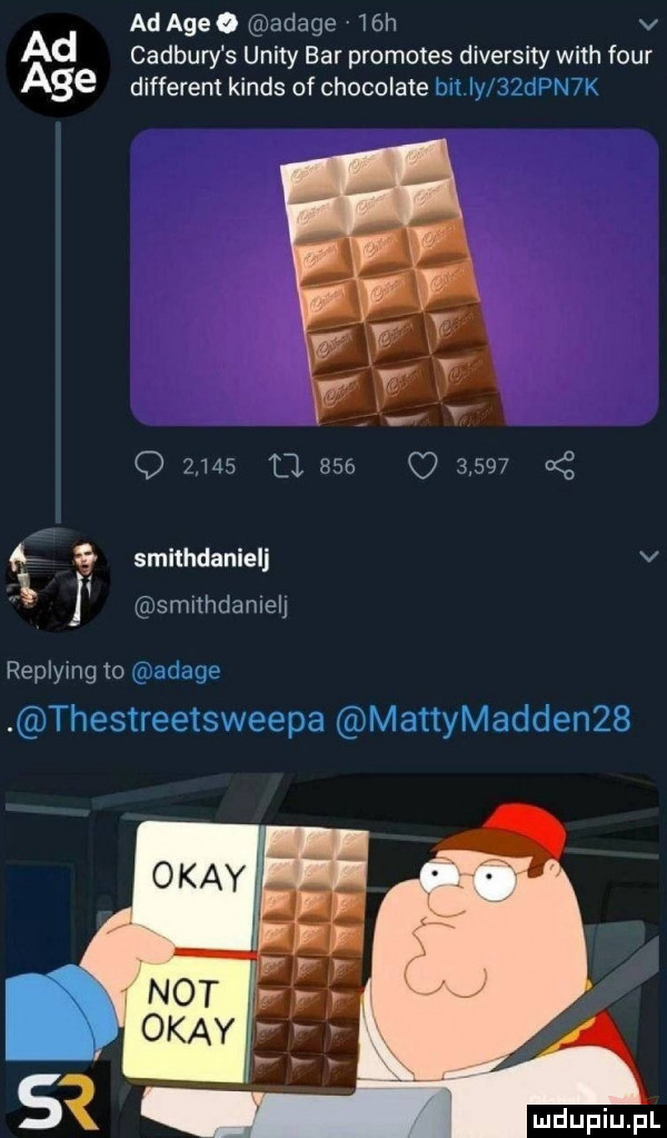 adagio apage   h v ad cadbury s unity bar promotes diversity with four different kinds of chocolate bit iy   dan k smithdanielj v   smithdamelj replymg to apage thestreetsweepa mattymaddenzs