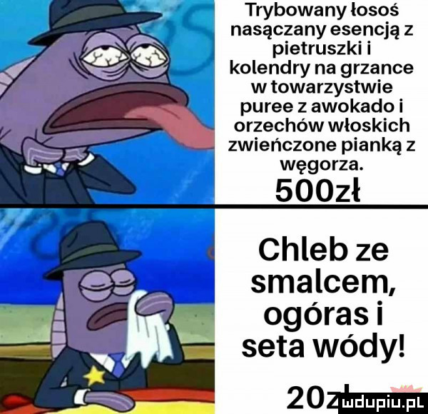 trybowa ny losoś nasączany esencją z pietruszki i kolendry na grzance w towarzystwie puree z awokado i orzechów włoskich zwieńczone pianką z węgorza.     ł chleb ze smalcem ogóras i seta wódy nahum