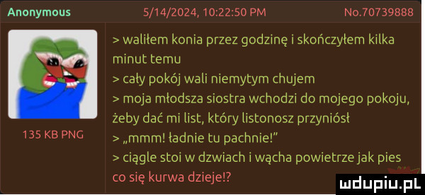 anonymous                    pm             weillem konia przez godzinę skończyłem kilka minut temu cały pokój wali niemytyrn chujem moja młodsza siostra wchodzi do mojego pokoju żeby dać mi ust który listonosz przyniósł     kbpng mmm ładnietu pachnie ciągle stoi w dzwiach i wącha powietrzejak pies c  się kurwa dni