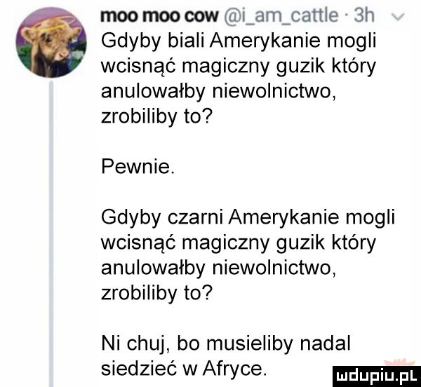 moomoooowaiijrmcattle  h gdyby biali amerykanie mogli wcisnąć magiczny guzik który anulowalby niewolnictwo zrobiliby to pewnie. gdyby czarni amerykanie mogli wcisnąć magiczny guzik który anulowalby niewolnictwo zrobiliby to ni chuj bo musieliby nadal siedzieć w afryce
