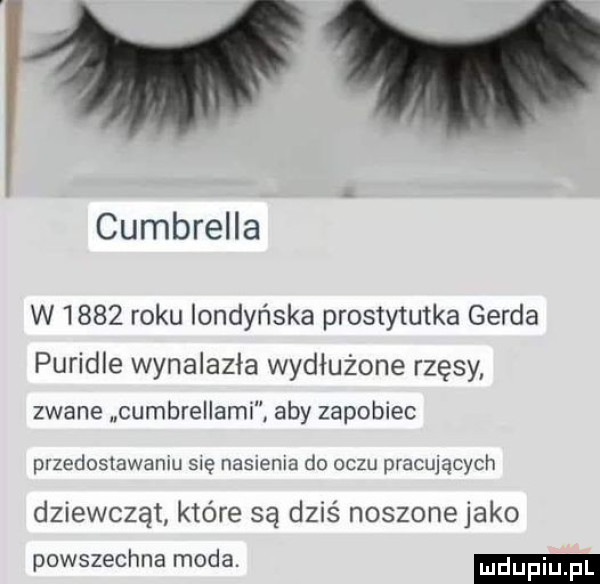 cumbrella w      roku londyńska prostytutka gerda puridle wynalazła wydłużone rzęsy zwane cumbrellami aby zapobiec przedostawaniu się nasnenla do oczu pracujacych dziewcząt które są dziś noszone jako powszechna moda