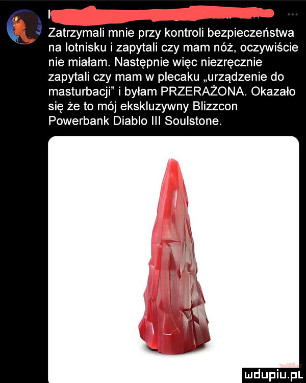na lotnisku izapytali czy mam nfz oczywiście nie miałam. następnie więc niezręcznie zapytali czy mam w plecaku urządzenie do m sturbacji i byłam przerażona. okazało się że to mój ekskluzywny blizzcon powerbank diablo iii soulsione