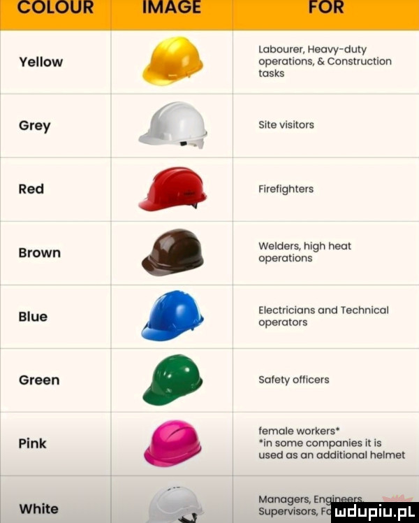 vel low gray red brown blue green pink white labourer heavy duly operouons construction tasks sue vlsuors firelrghters wenders. mch haul opemuons mian mans and yechmccl operulovs sufety omcavs emule wovkers m some companies rt is used as an addvﬁonul helmut managers en supervisor r. ludup f