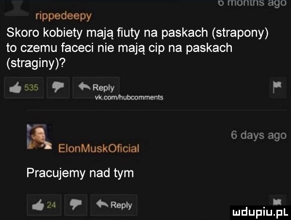 o wmns ago nppedeepy skoro kobiety mają fiuty na paskach stracony to czemu faceci nie mają cip na paskach stragany tex   repry p vk mmubcommems. abakankami   dans ago u elonmuskofwlai pracujemy nad tym. a repry duciu pl