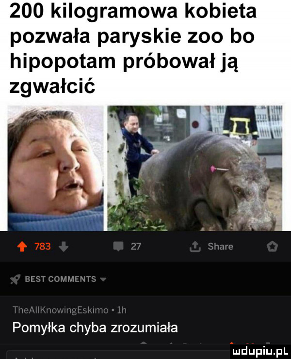 kilogramowa kobieta pozwała paryskie zoo bo hipopotam próbował ją zgwałcić pomyłka chyba zrozumiała