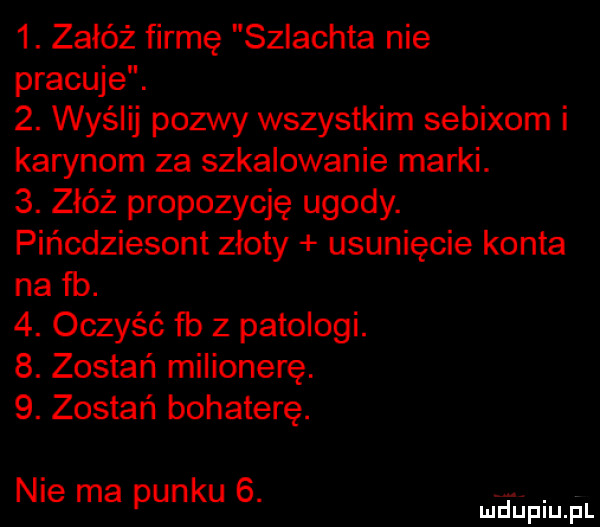 załóż firmę szlachta nie pracuje.  . wyślij pozwy wszystkim sebixom i karynom za szkalowanie marki.  . złóż propozycję ugody. pińcdziesont złoty usunięcie konta na fb.  . oczyść fb z patologi.  . zostań milionerę.  . zostań bohaterę. nie ma punku  . abakankami. mduplu pl