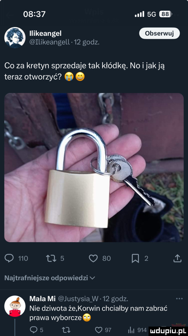 iii sg llikeangel ilikeangelbu godz. co za kretyn sprzedaje tak kłódkę. no ijakją teraz otworzyć. abakankami owo              . najtrafniejsze odpowiedzi v mała mi justysiafw    godz. nie dziwota źe korwin chciałby nam zabrać prawa wyborcze. o   d o    i     depiu pl