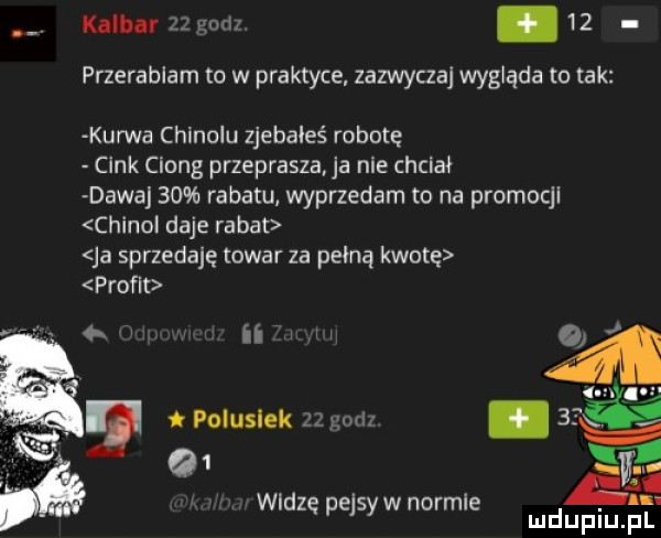 kolb z and    przerabiam to w praktyce zazwyczaj wygląda to tak kurwa chinolu zjebales robotę cynk ciong przeprasza ja nie chciał dewa    rabatu wyprzedam to na promocjl chinol daje rabat ja sprzedaję towar za pełną kwotę profit ii tpqusiek z ud widzę pejsów normie