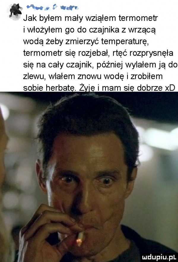m jak byłem mały wziąłem termometr i włożyłem go do czajnika z wrzącą wodą żeby zmierzyć temperaturę termometr się rozjebał rtęć rozprysnęła sie na cały czajnik później wylałem ją do zlewu wlałem znowu wodę i zrobiłem sobie herbat. ż e i mam si dobrze xd