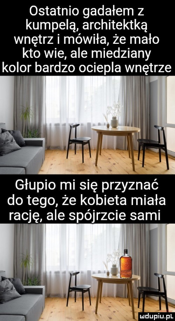 ostatnio gadałem z kumpelą architektką wnętrz i mówiła że mało kto wie ale miedziany kolor bardzo ociepla wnętrze głupio mi się przyznać do tego że kobieta miała rację ale spójrzcie sami