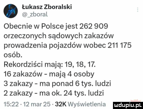 łukasz zboralski zboral obecnie w polscejest         orzeczonych sądowych zakazów prowadzenia pojazdów wobec         osób. rekordziści mają         .    zakazów mają   osoby   zakazy ma ponad   tys. ludzi   zakazy ma ok.    tys. ludzi          mar      k wyświetlenia