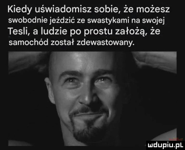 kiedy uświadomisz sobie że możesz swobod nie jeździć ze swastykami na swojej tesli a ludzie po prestu założą że samochód został zdewastowany