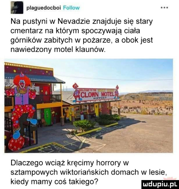 plaguedncboi fellow na pustyni w nevadzie znajduje się stary cmentarz na którym spoczywają ciała górników zabitych w pożarze a obok jest nawiedzony motel klaunów. dlaczego wciąż kręcimy horrory w sztampowych wiktoriańskich domach w lesie kiedy mamy coś takiego