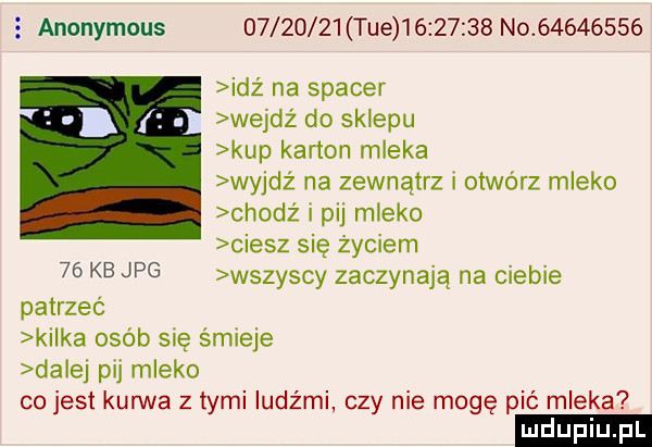 anonymous          tee          no          idz na spacer wejdz do sklepu kup karton mleka wyjdż na zewnątrz i otwórz mleko chodź i pij mleko ciesz się życiem    kb jpg wszyscy zaczynają na ciebie patrzeć ki ka osób się śmieje dalej pij mleko co jest kunica z tymi ludźmi czy nie mogę pić mleka ludupi