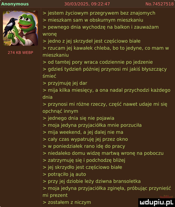 anonymous     kb wiar                     no          jestem życiowym przegrywem bez znajomych mieszkam sam w obskurnym mieszkaniu pewnego dnia wycbodze na balkon i zauważam wenę jedno z jej skrzydei jest częściowo bibie rzucam jej kawałek chleba bo to jedyne co mam w mieszkaniu od tamtej pory wraca codziennie po jedzenie gdzies tydzień później przynosi mi jakiś biyszczacy śmieć przyjmuję jej dar mija kaika miesięcy a ona narai przychodzi każdego dnia przynosi mi różne rzeczy część nawet udaje mi sie opcnnac innym jednego dnia się nie pojawia moja jedyna przyjacidika mnie porzuciła mija weekend a jej dalej nie ma caby czas wypatruje jej przez okno w poniedziałek rano idę do pracy niedaleko domu widze martwa wronę na poboczu zatrzymuje się i podchodze bliżej jej skrzynio jest częściowo bibie potrąciło ja auta przy jej dziobie ilzy dziwna bransoletka moja jedyna przyjacidika zgineia probując przynieść rm prezent zostałem z niczym