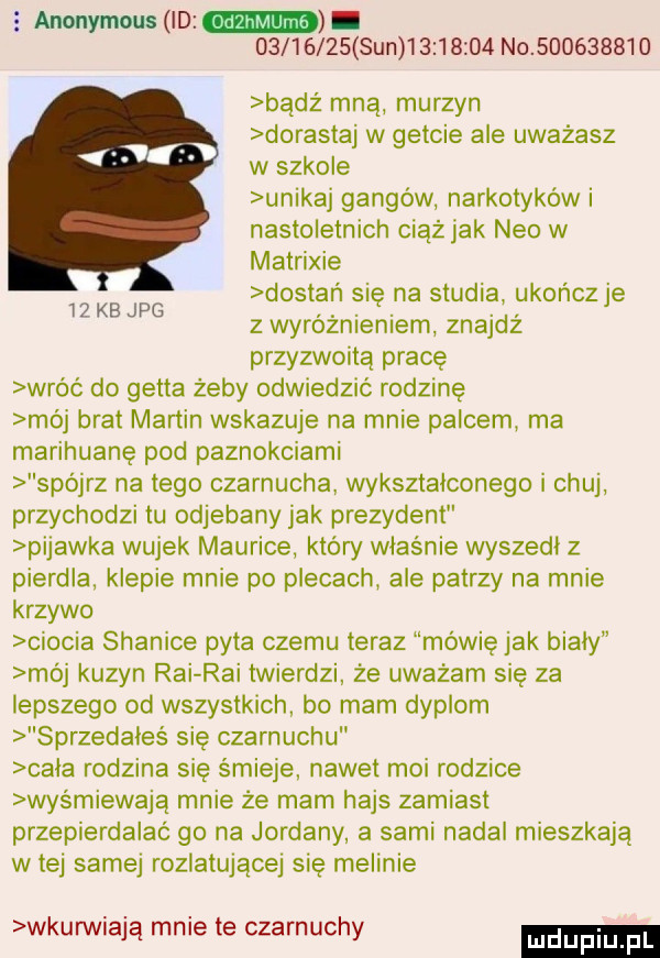 anonymous id n          sun          no           bądź mną murzyn dorastaj w getcie ale uważasz w szkole unikaj gangów narkotyków i nastoletnich ciąż jak neo w matrixie dostań się na studia ukończ je z wyróżnieniem znajdż przyzwoitą pracę wrąc do getta żeby odwiedzić rodzinę mój brat martin wskazuje na mnie palcem ma marihuanę pod paznokciami spójrz na tego czarnucha wykształconego i chuj przychodzi tu odjebany jak prezydent pijawka wujek maurice który właśnie wyszedl z pierdla klepie mnie po plecach ale patrzy na mnie krzywo ciocia stanice pyta czemu teraz mówię jak biały moj kuzyn rai rai twierdzi że uważam się za lepszego od wszystkich. bo mam dyplom sprzedałeś się czarnuchu cala rodzina się śmieje nawet moi rodzice wyśmiewają mnie ze mam hajs zamiast przepierdalać go na jordany a sami nadal mieszkają w tej samej rozlatujacej się melinie    kb jpg wkun ilją mnie te czarnuchy