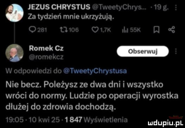 jezus chrystus tn jw iycłnys w i za tydzień mnie ukrzyżują o u o r um hus noce vfhvh kk mam m dﬂ tr tweetychrystusa nie becz. poleżysz ze dwa dni i wszystko wróci do normy. ludzie po operacji wyrostka dłużej do zdrowia dochodzą.   m wag         wywwuwm mmpm pl