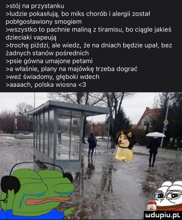 stó na przystanku indzie pokasłują bo miks chorób i alergii został pobigosławiony smogiem wszystko to pachnie maliną z tiramisu bo ciągle jakieś dzieciaki vapeują trochę piździ ale wiedz że na dniach będzie upał bez żadnych stanów pośrednich psie gówna umajone petami a właśnie plany na majówkę trzeba dograć weź świadomy głęboki wdech aaaach polska wiosna
