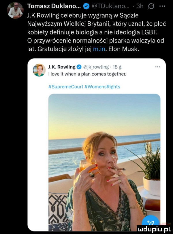 tomasz duklano.   l l j k rowling celebruje wygraną w sądzie najwyższym wielkiej brytanii który uznał że pleć kobiety definiuje biologia a nie ideologia lgbt.   przywrócenie normalności pisarka walczyla od lat. gratulacje zlożyljej min. egon munk. k. j k. rowling   ll mmpm l
