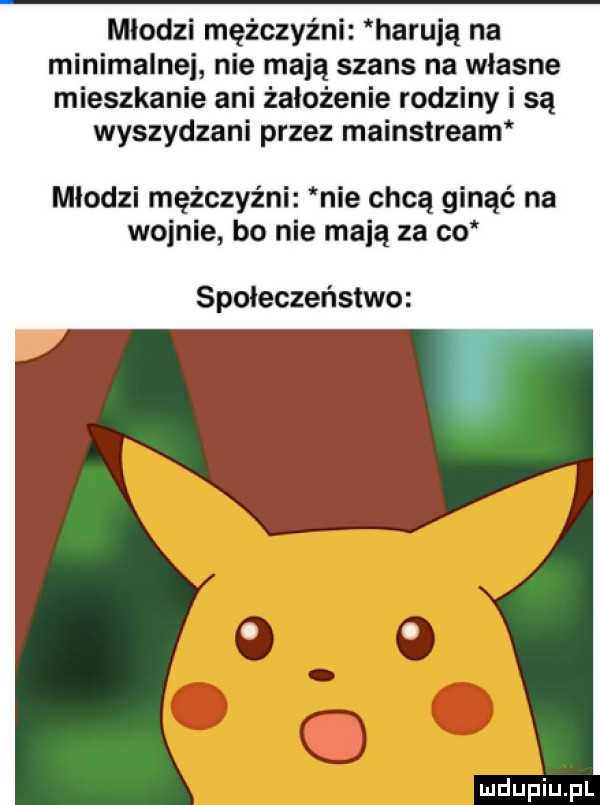 młodzi mę czyźn harują na minimalnei nie mają szans na własne mieszkanie ani żalożenie rodziny i są wyszydzani przez mainstream mlodzi mężczyźni nie chcą ginąć na wojnie bo nie mają za co społeczeństwo