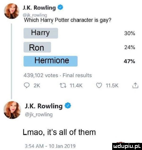 j k. rowling. i. www which harry potter charakter is gay harry    ron               vates. final results q  k a     k     k l. j k. rowling. jkjowllng lmao it s all of them      am io jan