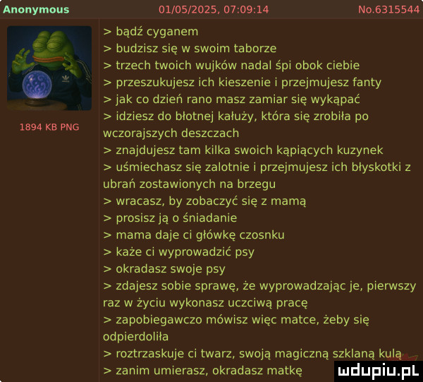 anonymous      kb pbg                     natalis    bądź cyganem budzisz się w swoim taborze trzech twoich wujków nadaj spi obok ciebie przeszukujesz ich kieszenie i przejmujesz fanty jak co dzień rano masz zamiar sie wykapac idziesz do błotnej kapuzy które sie zrobiła po wczorajszych cieszczach znajdujesz tam kilka swoich kapiacych kuzynek uśmiechasz się zaiotnię i przejmujesz ich oiyskotki z ubrań zostawionych na brzegu wracasz by zobaczyć się z marna prosisz ja o śniadanie mama daje ci giowke czosnku kaze ci wyprowadzić psy okradasz swoje psy zdajesz sobie sprawę ze wyprowadzając ję pierwszy raz w zyciu wykonasz uczciwa pracę zapobiegawczo mówisz więc matce zeby się oopiemoiiia roztrzaskuje ci twarz swoja magiczną szklana kulą zanim umierasz okradasz matkę