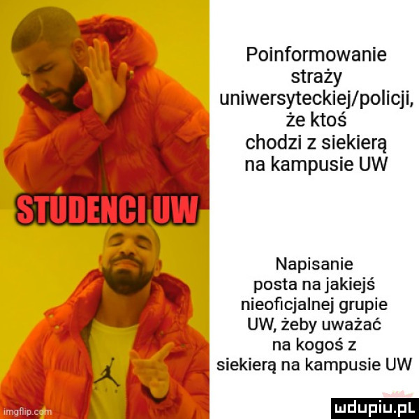 poinformowanie straży uniwersyteckiej policji że ktoś chodzi z siekierą na kampusie uw napisanie posta na jakiejś nieoficjalnej grupie uw żeby uważać na kogoś z siekierą na kampusie uw ludu iu. l