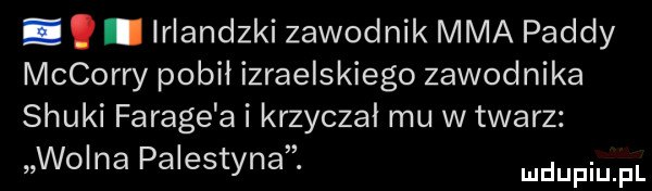 abakankami irlandzki zawodnik mma pajdy mccorry pobił izraelskiego zawodnika stuki farage a i krzyczal mu w twarz wolna palestyna. ndufiu fl