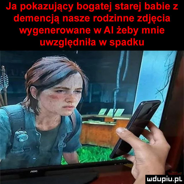 ja pokazujący bogatej starej babie z demencją nasze rodzinne zdjęcia wygenerowane wai żeby mnie uwzględniła w spadku