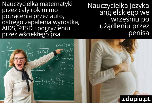nauczycielka matematyki przez caly rok mimo potrącenia przez auto nauczycielka jezyka angielskiego we ostrego zapalenia wyrostka évlrzeénlu po aids ptsdi ogryzieniu ufą enbu przez przez wyciek ego psa penisa