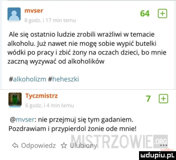 n maser    ale się ostatnio ludzie zrobili wrażliwi w temacie alkoholu. już nawet nie mogę sobie wypić butelki wódki po pracy i zbić żony na oczach dzieci bo mnie zaczną wyzywać od alkoholików alkoholizm heheszki. tyczmistrz   maser nie przejmuj się tym gadaniem. pozdrawiam i przypierdol żonie ode mnie h odpowiedz śl ulubiony