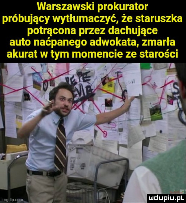 warszawski prokurator próbujący wytłumaczyć że staruszka potrącona przez dachujące auto naćpanego adwokata zmarła akurat w tym momencie ze starości