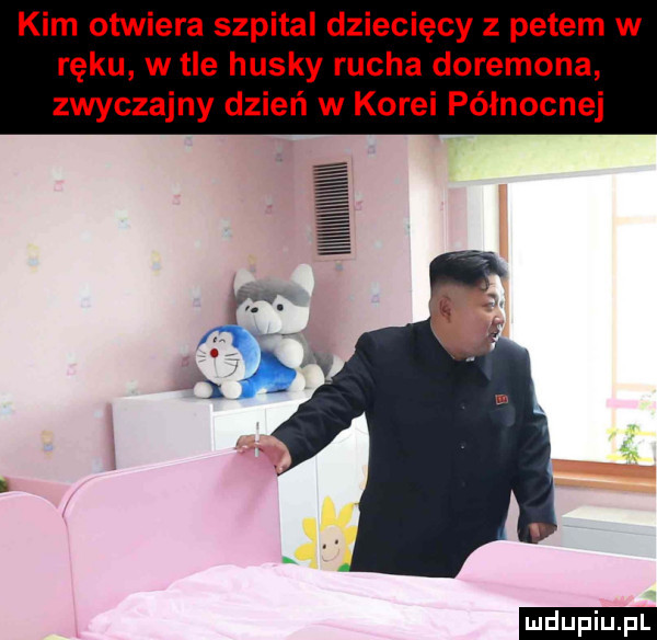 kim otwiera szpital dziecięcy z petem w ręku w tle husky rucha doremona zwyczajny dzień w korei północnej ludu iu. l