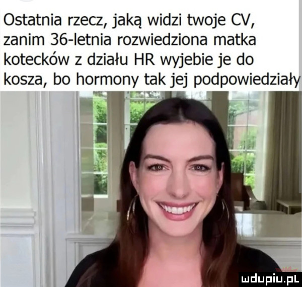 ostatnia rzecz jaką widzi twoje cv zanim    ietnia rozwiedziona matka kotecków z działu hr wyjebie je do kosza bo hormony tak jej podpowiedziały i