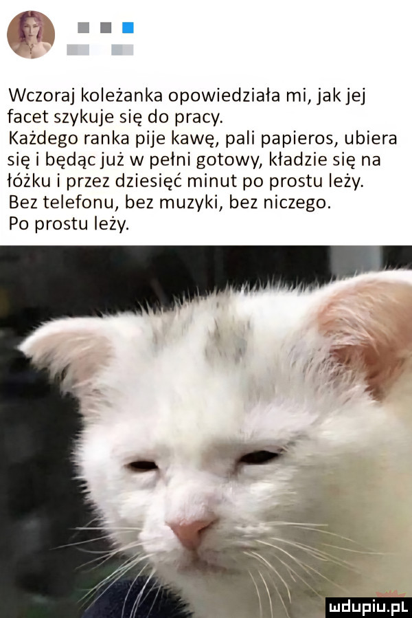 wczoraj koleżanka opowiedziała mi jakiej facet szykuje się do pracy. każdego ranka pije kawę pali papieros ubiera się i będącjuż w pełni gotowy kładzie się na łóżku i przez dziesięć minut po prestu leży bez telefonu bez muzyki bez niczego. po prestu leży. mdupiupl