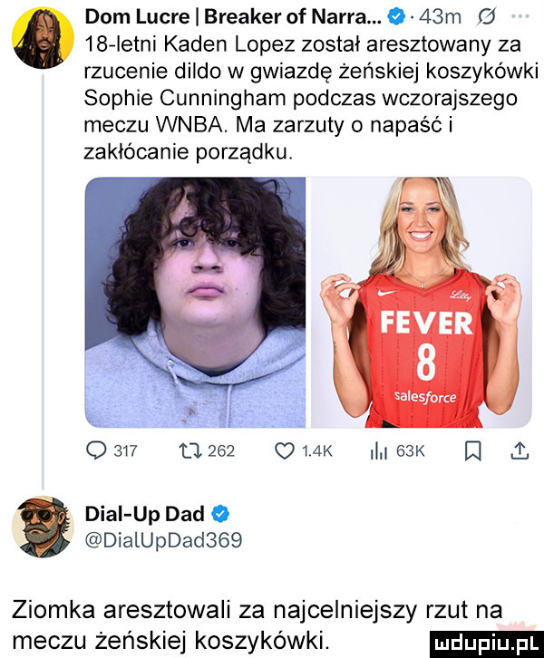 dom lucie brecker of nagra. o   m c.   fletni kamen lopez zostai aresztowany za rzucenie dildo w gwiazdę żeńskiej koszykówki sophie cunningham podczas wczorajszego meczu wnba. ma zarzuty o napaść i zakłócanie porządku o     l       k     k   dial up ddd dialupdad    ziomka aresztowali za najcelniejszy rzut na meczu żeńskiej koszykówki