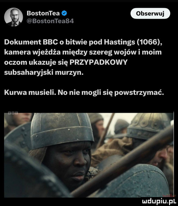 bostontea o w bostontea   dokument bbc o bitwie pod hastings      kamera wjeżdża między szereg wojów i moim oczom ukazuje się przypadkowy subsaharyjski murzyn. kurwa musieli. no nie mogli się powstrzymać