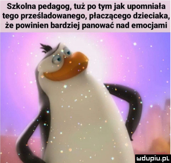 szkolna pedagog tuż po tym jak upomniała tego prześladowanego płaczącego dzieciaka że powinien bardziej panować nad emocjami