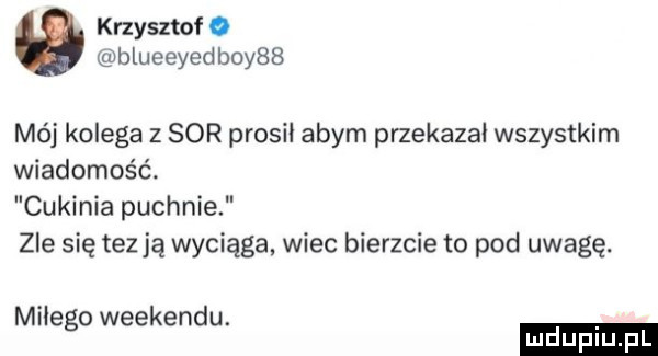 krzysztof o blueeyedboy   mój kolega z sor prosiłabym przekazał wszystkim wiadomość. cukinia puchnie zle się tezją wyciąga wiec bierzcie to pod uwagę. miłego weekendu